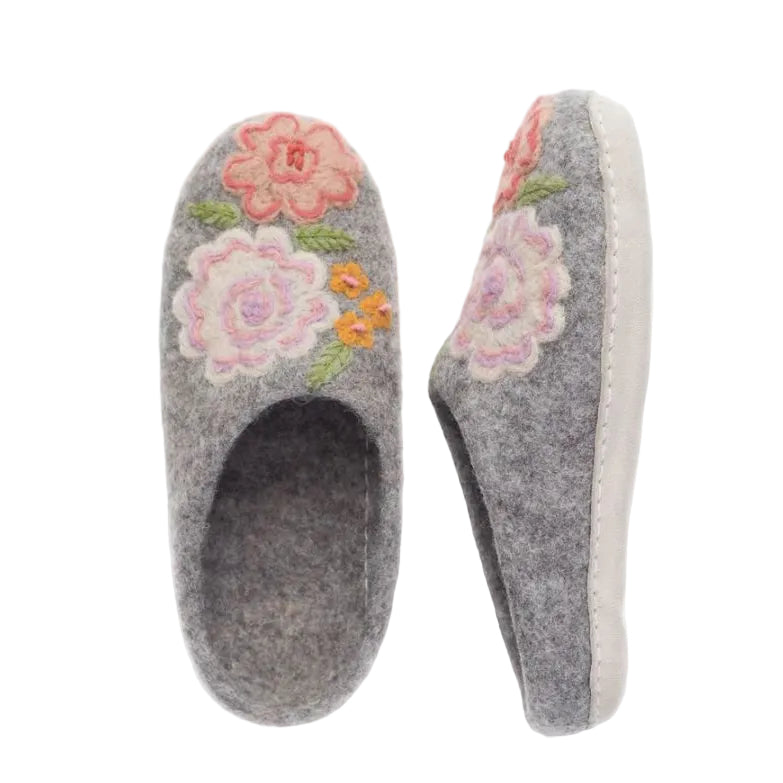 French Knot Dahlia Slippers - Grey