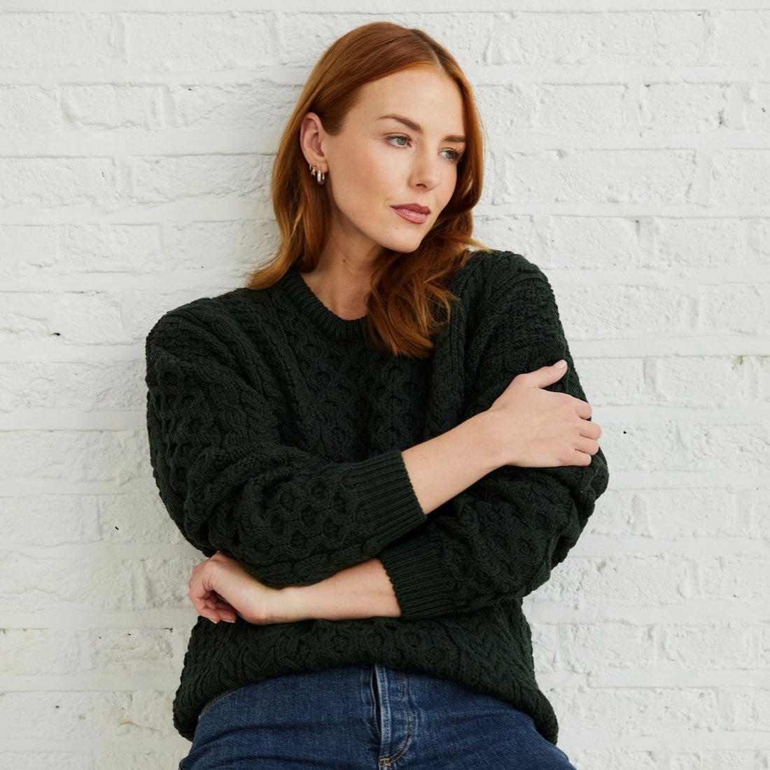 Inisheer Ladies Traditional Merino Aran Sweater - Forest Green