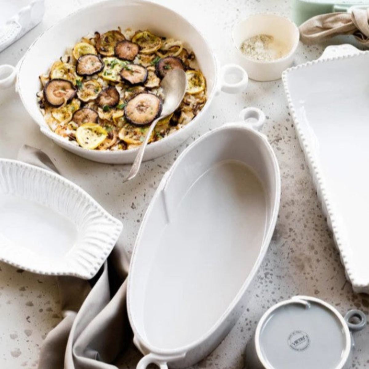 Vietri Lastra White Handled Round Baker