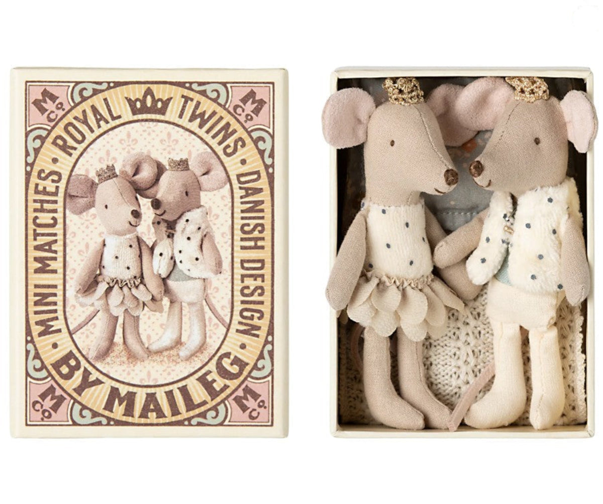 Maileg Royal Twin Mice, Little Sister & Brother in Matchbox