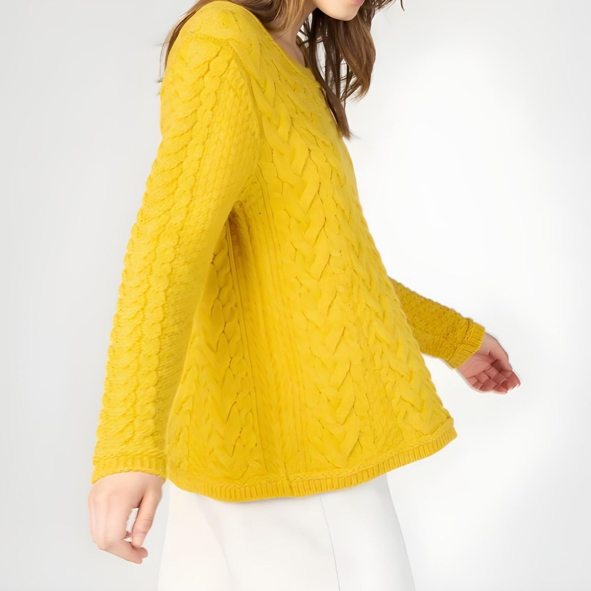 IrelandsEye Primrose A-Line Cable Round Neck Sweater - Sunflower