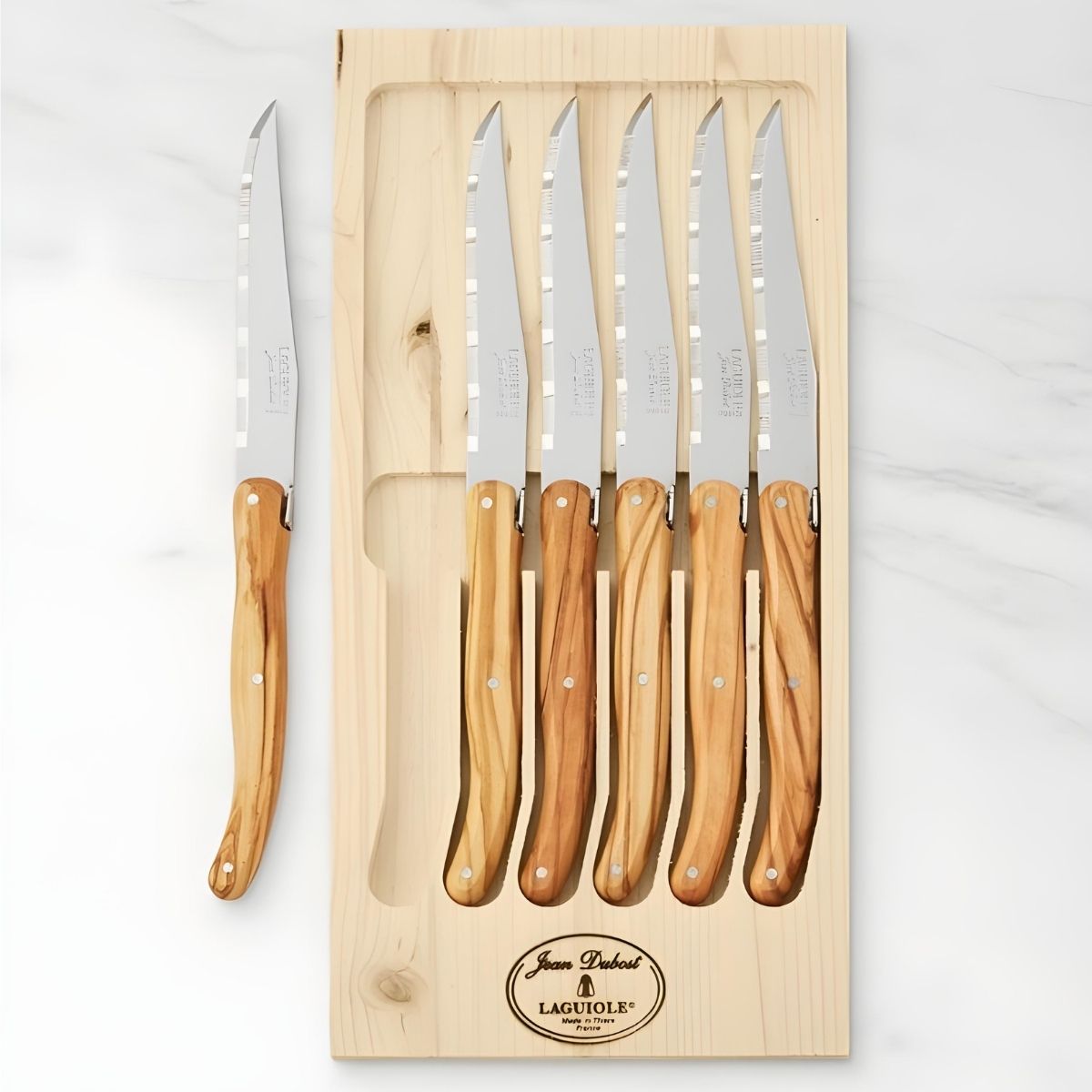 Jean Dubost 6 Steak Knives with Rustic Range Olive Wood Handles