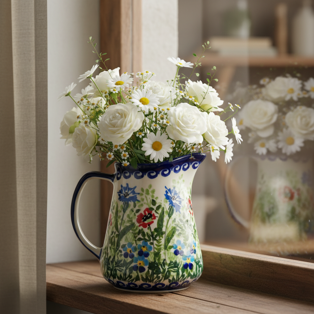 Polish Pottery Blue Floral Small Pitcher
