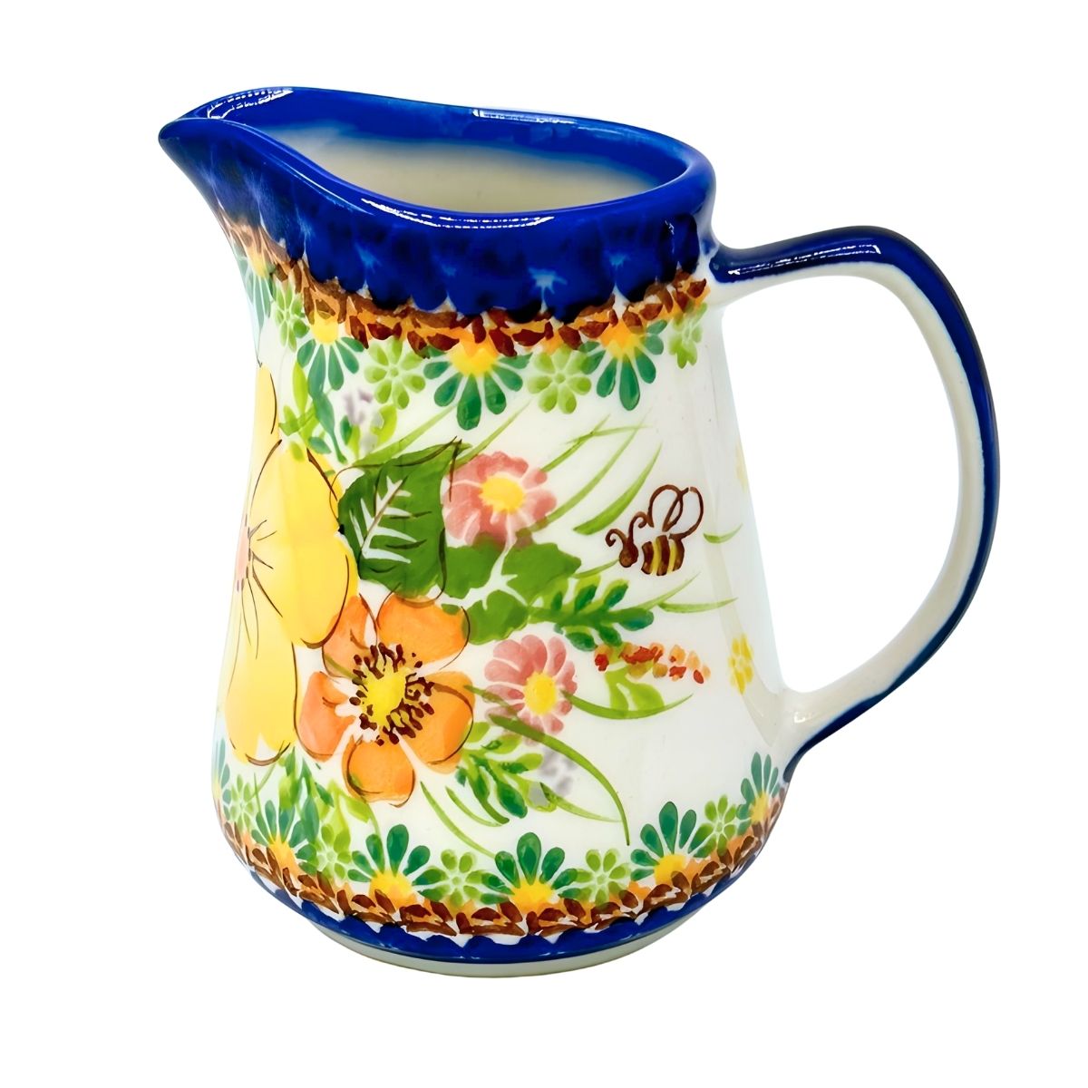 Polish Pottery Yellow Flowers & Bee Small Pitcher