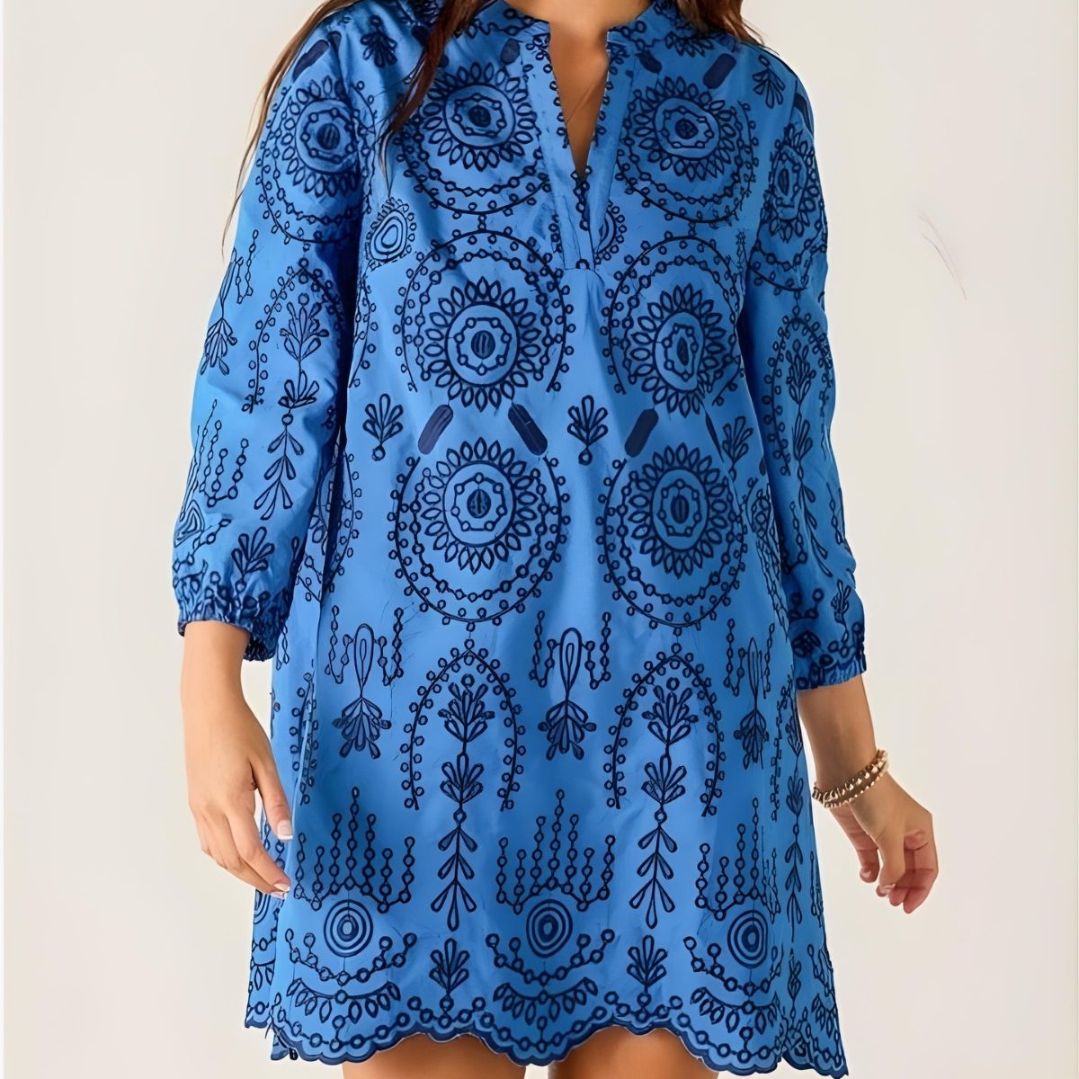 Mersea Women's Edie Embroidered Tunic Cotton Dress in Lagos Blue