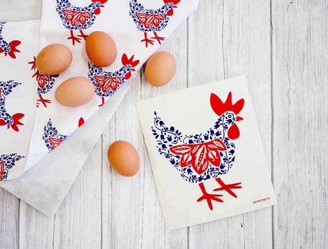 Jangneus - Hen Blue Kitchen Tea Towel - Scandinavian Folk Art