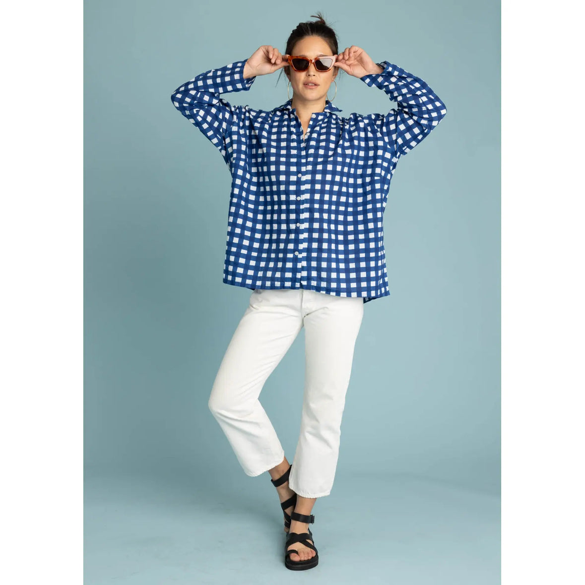 and for Good Relaxed Boyfriend Long Sleeve Shirt- Gingham Blue