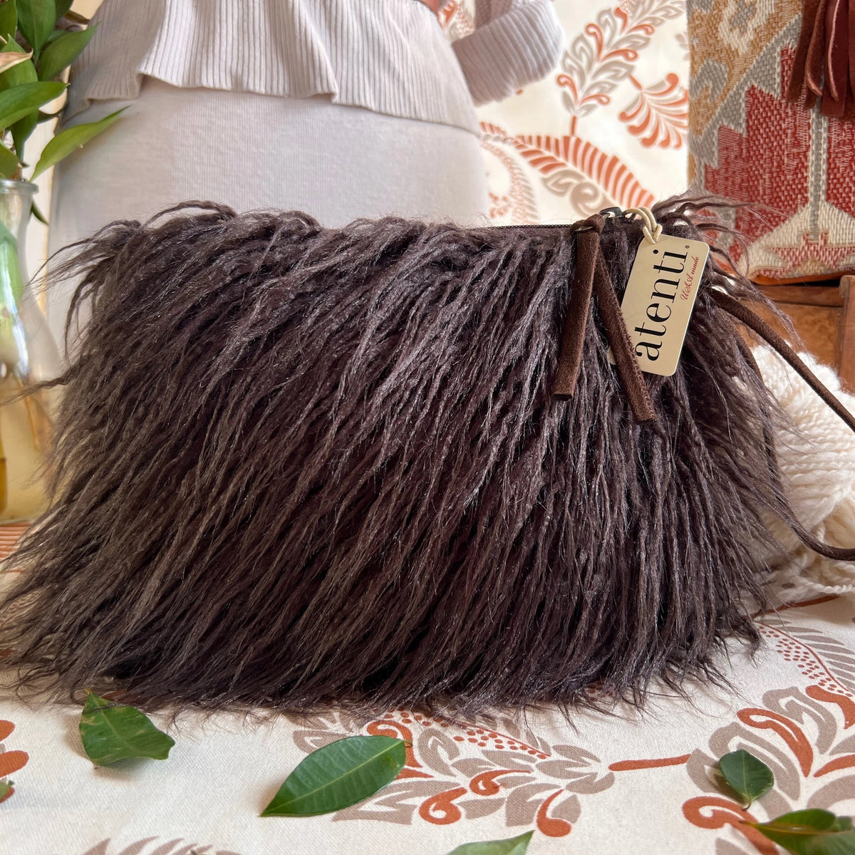 Atenti Llama Wrist Pouch Faux Cafe