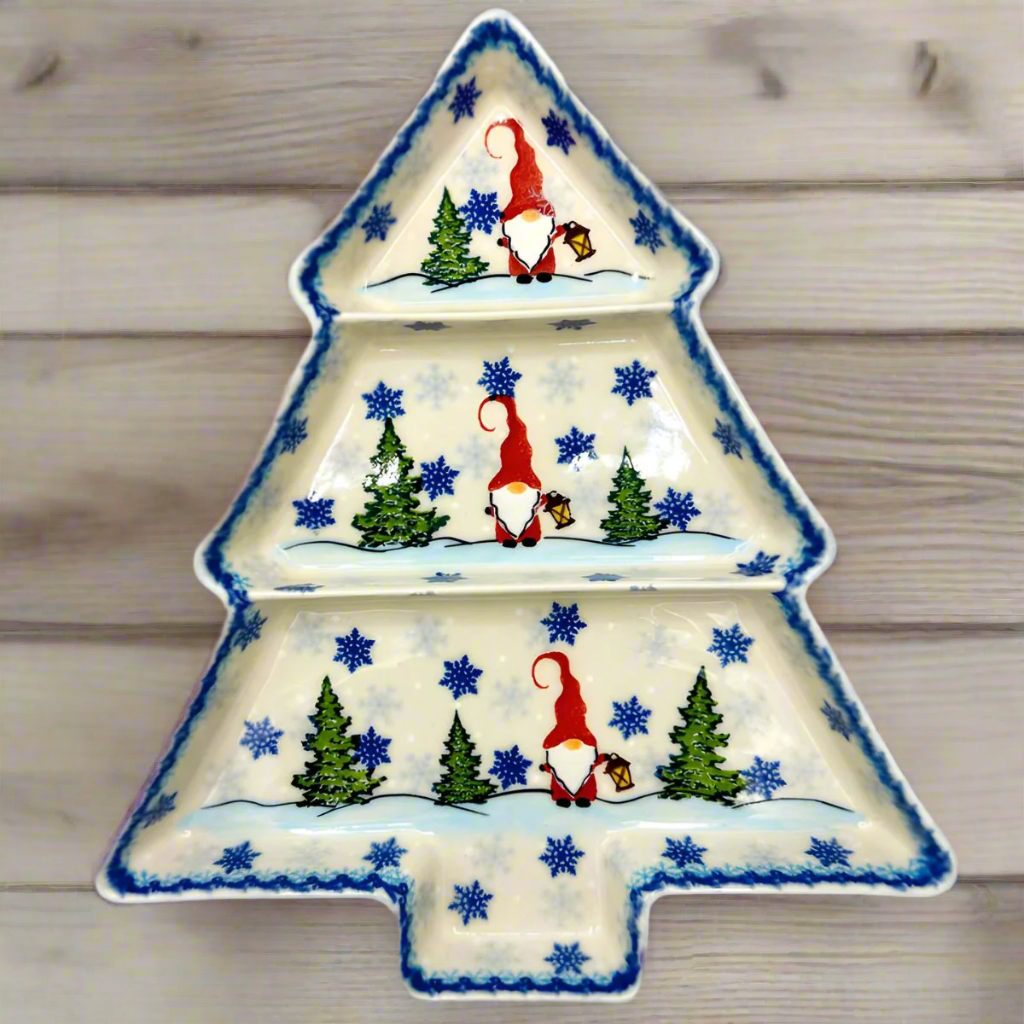 Polish Pottery Gnome Christmas Tree Divided Tray