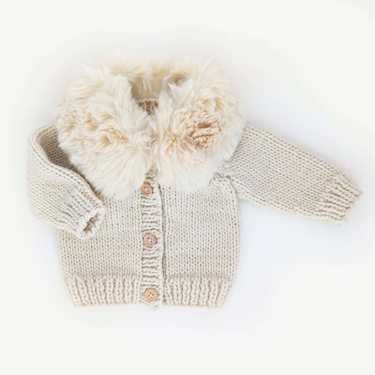 Huggalugs Fur Collar Natural Handknit Cardigan Sweater