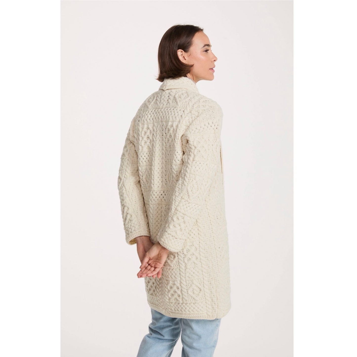 Tara Ladies Merino Aran Long Shawl Cardigan - Cream