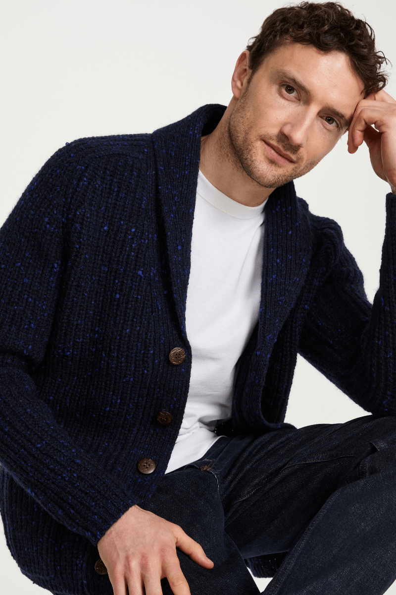 Aran Woollen Mills - Curragh Mens Rib Shawl Cardigan - Navy