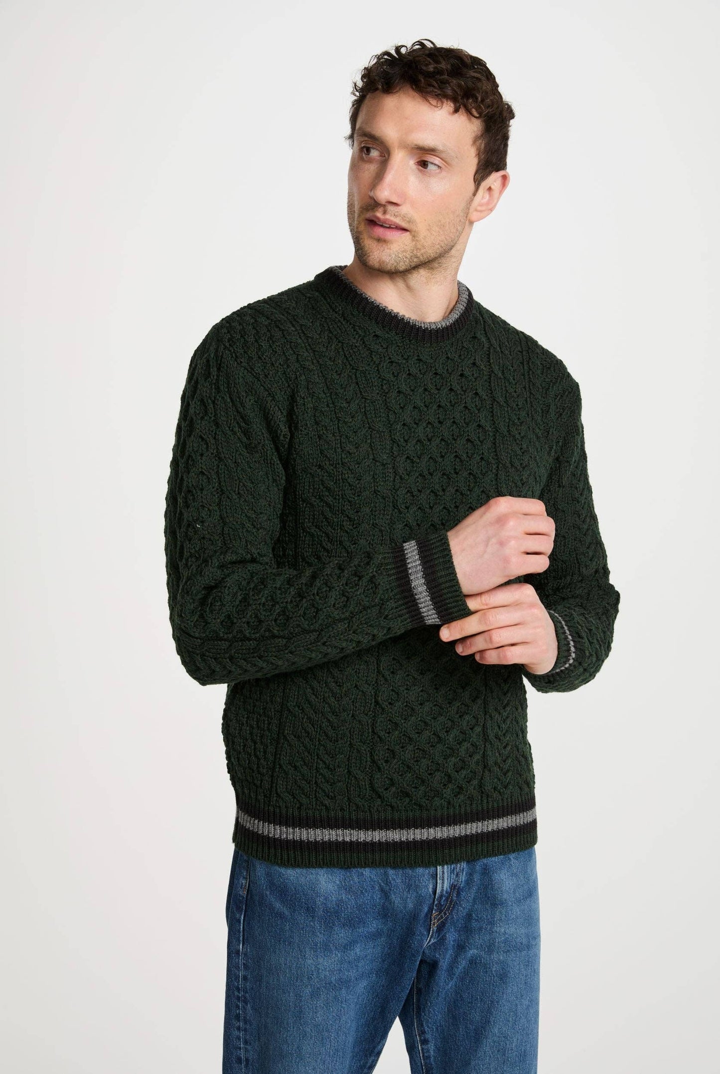 Aran Woollen Mills - Inishbeg Mens Stripe Crewneck Aran Sweater - Green