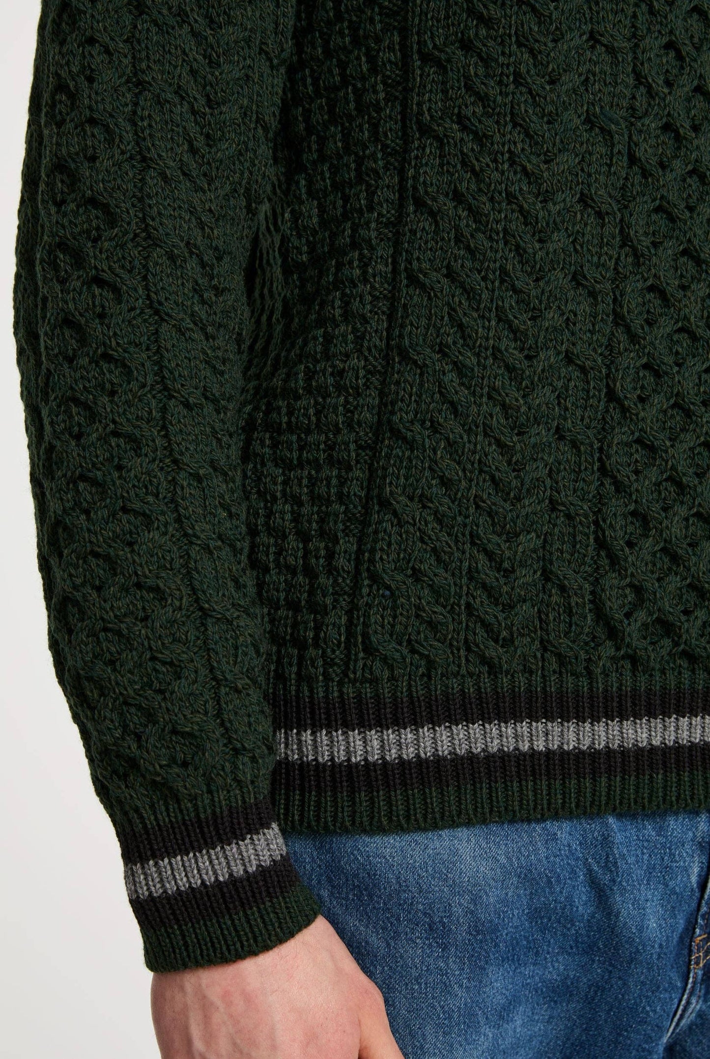 Aran Woollen Mills - Inishbeg Mens Stripe Crewneck Aran Sweater - Green