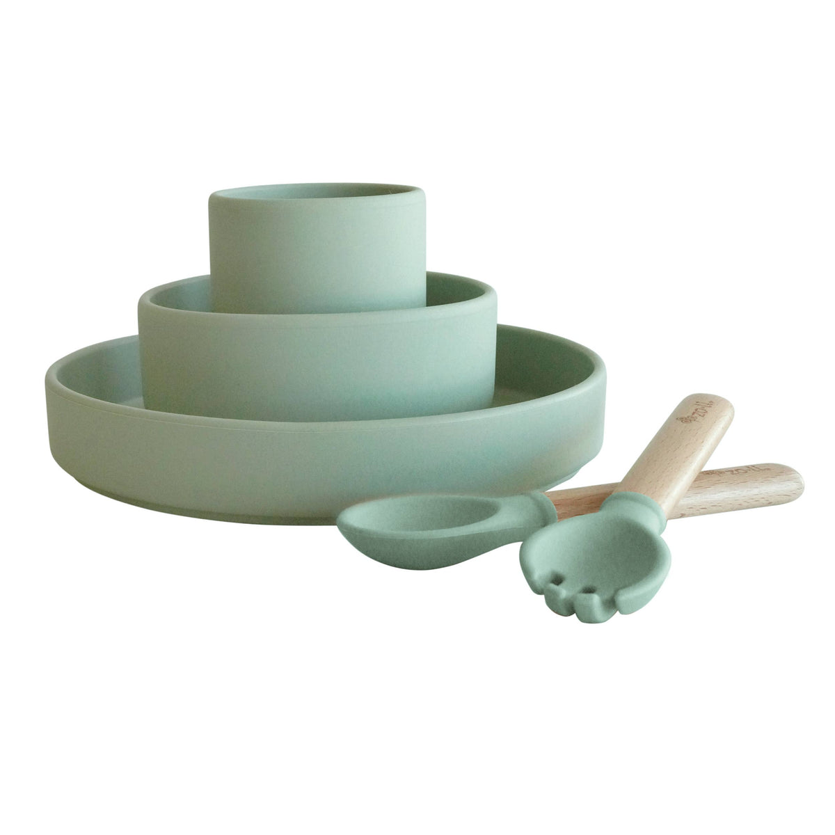 ZoLi - Silicone toddler feeding set - NOSH, GULP, CHOMP sage green