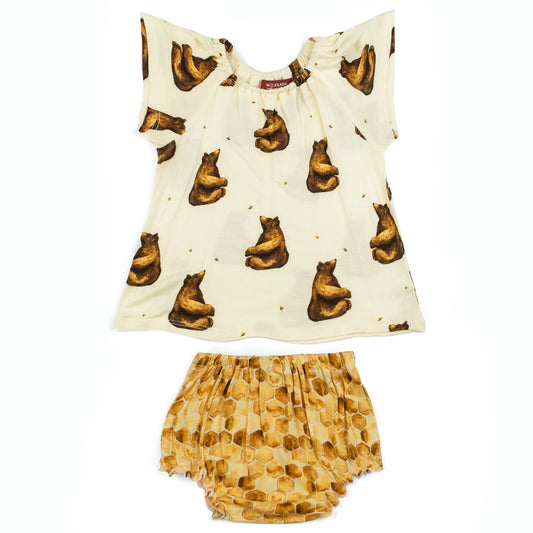 Milkbarn Honey Bear Organic Dress & Bloomer Set