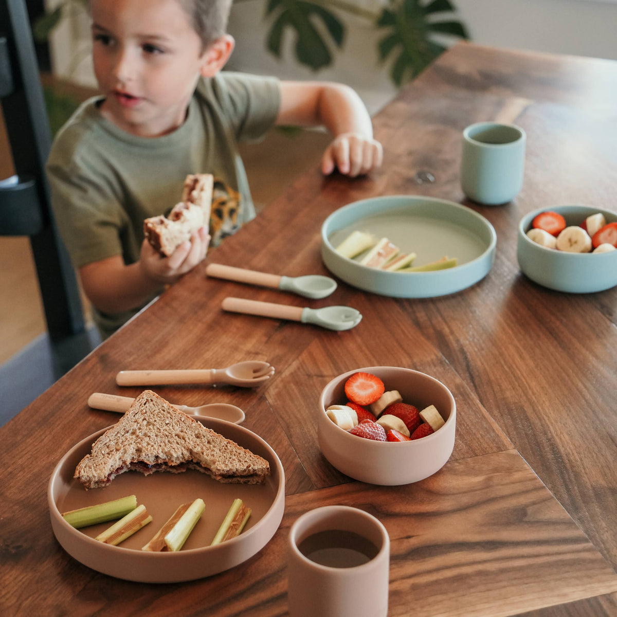 ZoLi - Silicone toddler feeding set - NOSH, GULP, CHOMP sage green