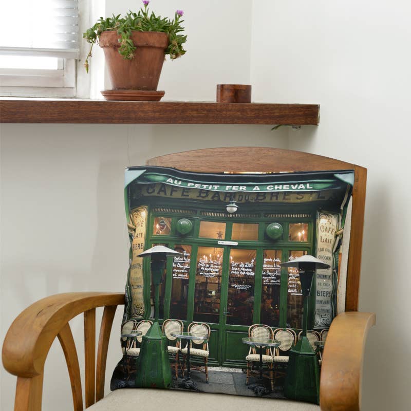 Maron Bouillie - Paris Devanture Café Au Petit Fer à Cheval Cushion Cover with Insert