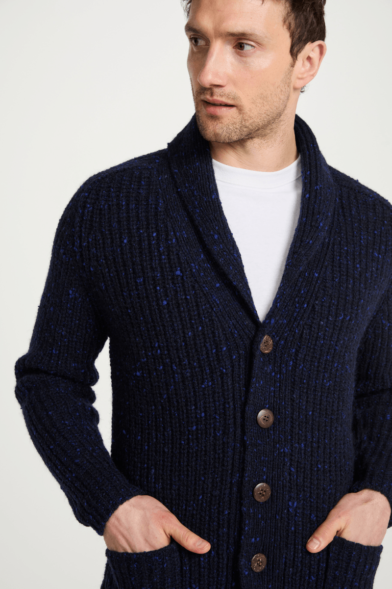 Aran Woollen Mills - Curragh Mens Rib Shawl Cardigan - Navy