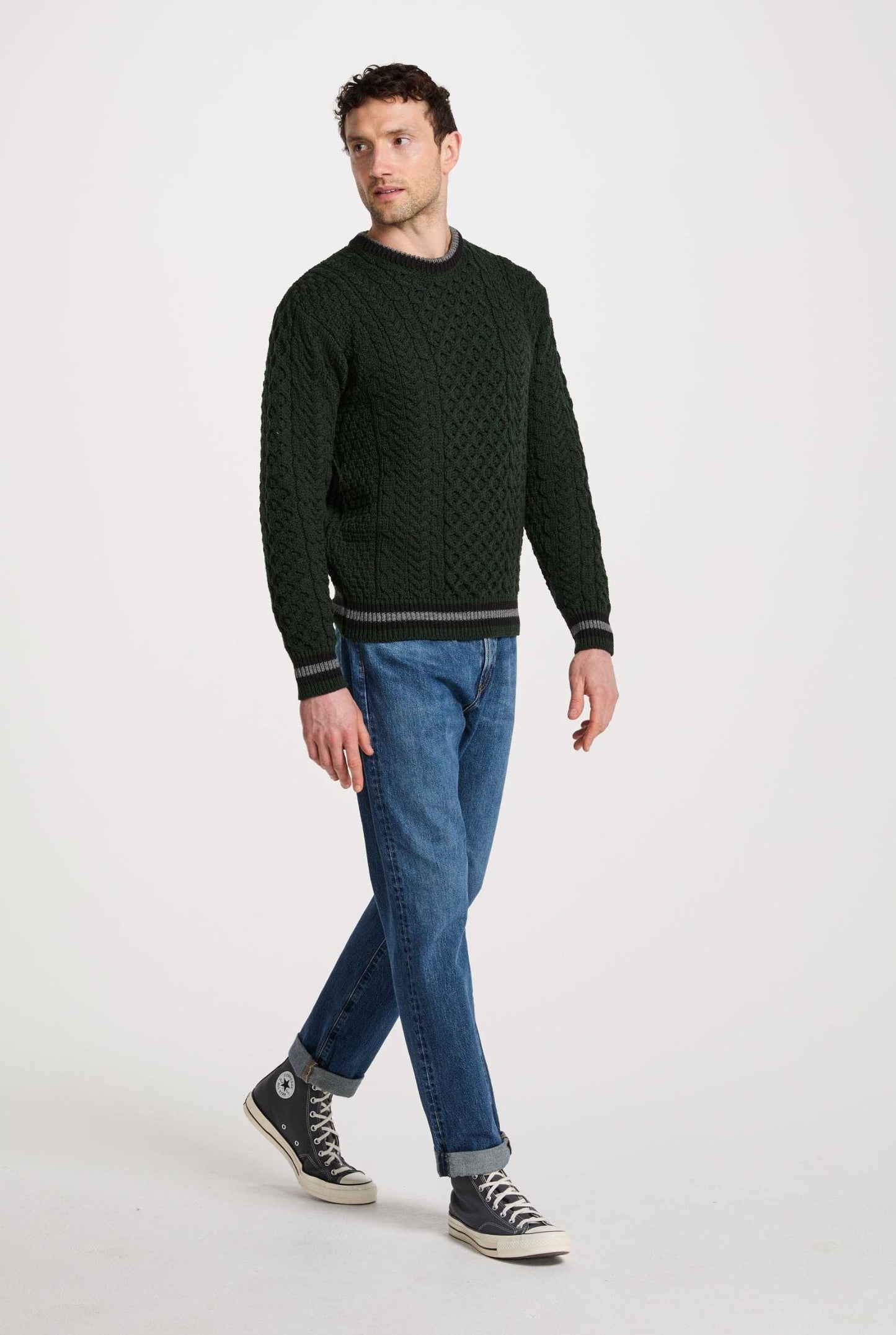 Aran Woollen Mills - Inishbeg Mens Stripe Crewneck Aran Sweater - Green