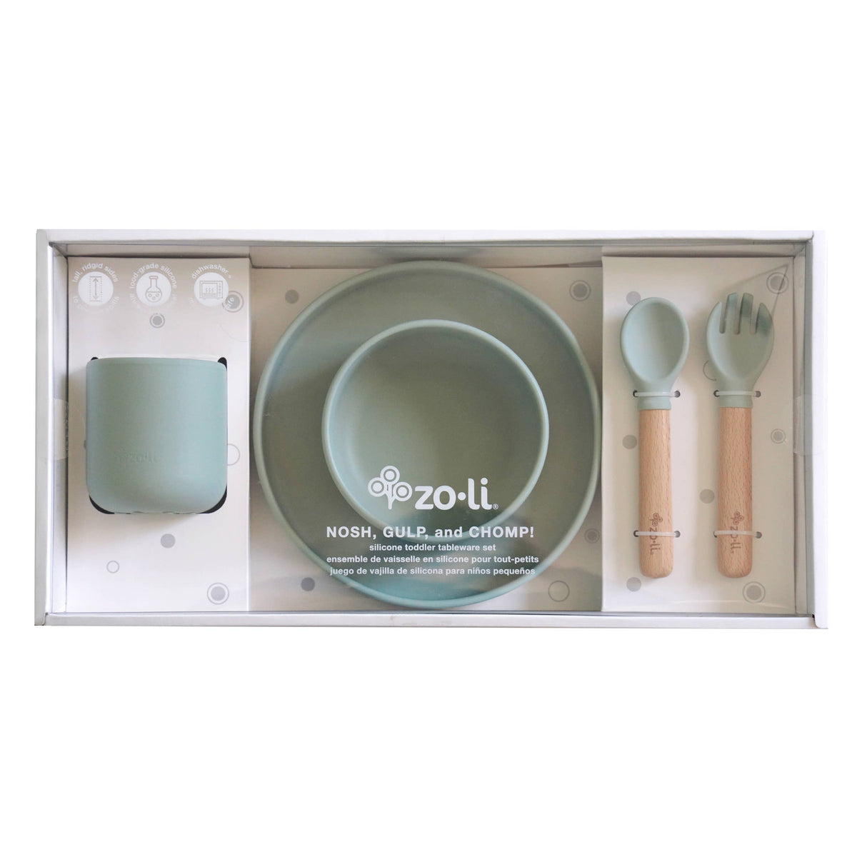 ZoLi - Silicone toddler feeding set - NOSH, GULP, CHOMP sage green