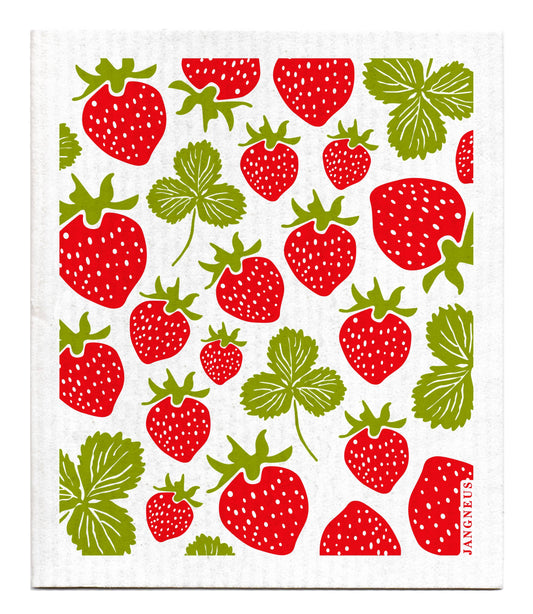 Jangneus - Swedish Dishcloth - Strawberries - Red - Botanical Design