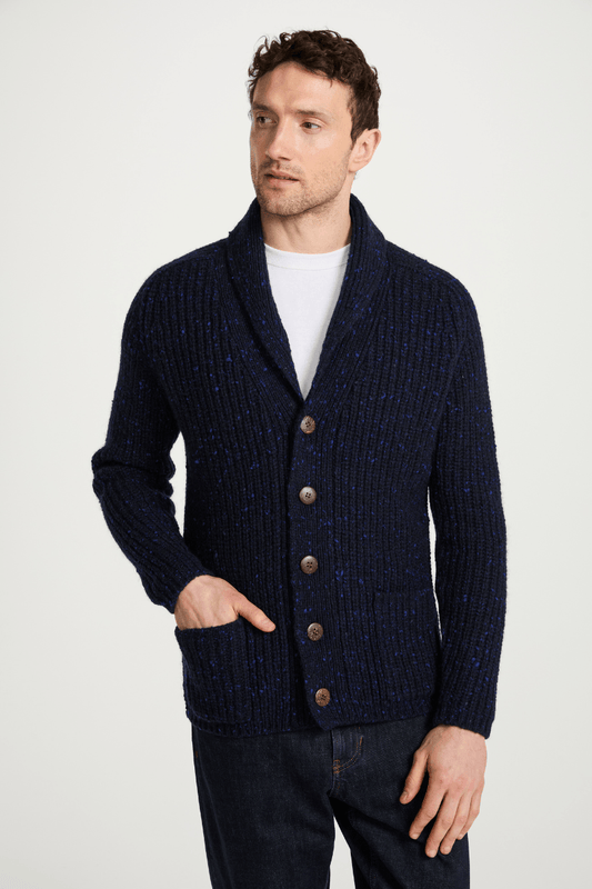 Aran Woollen Mills - Curragh Mens Rib Shawl Cardigan - Navy