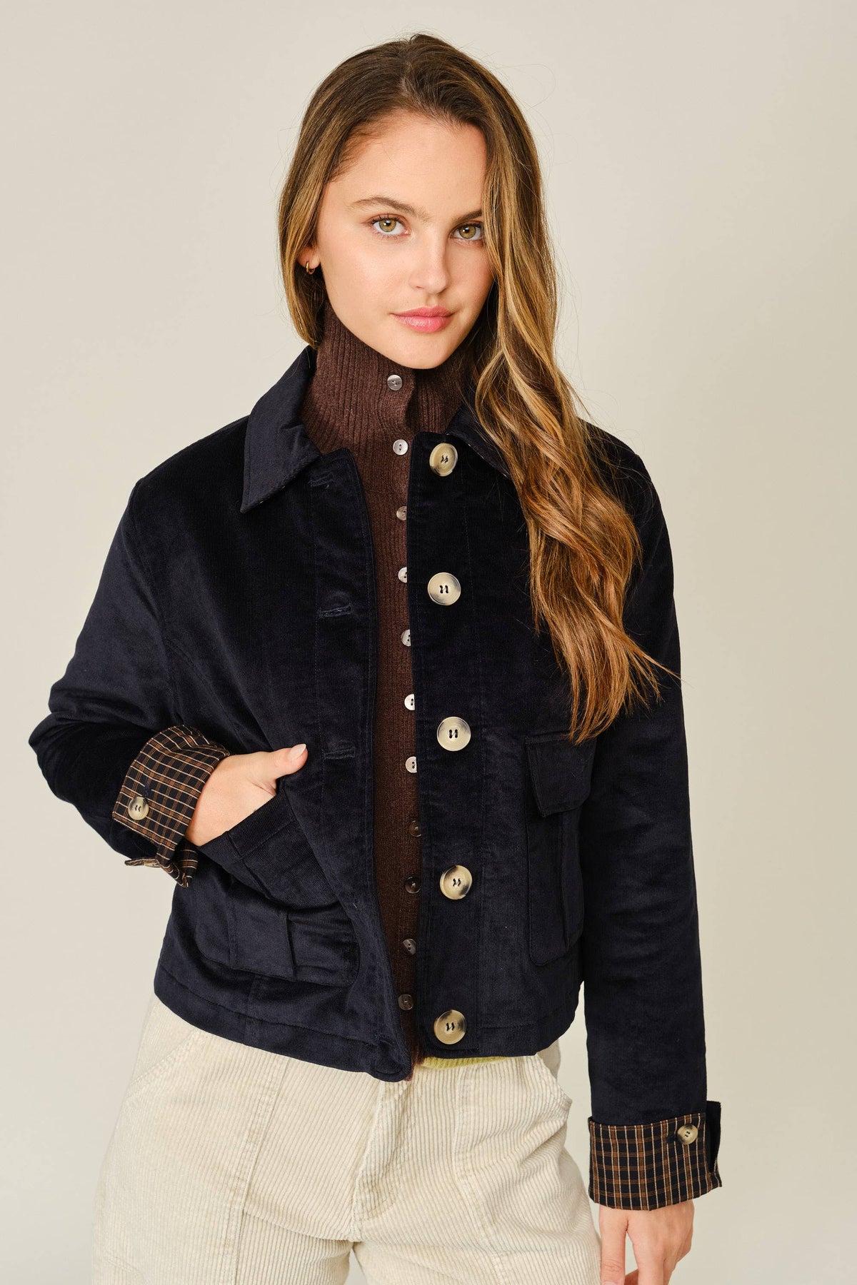 Aaron & Amber Oxford Corduroy Button Plaid Jacket - Midnight