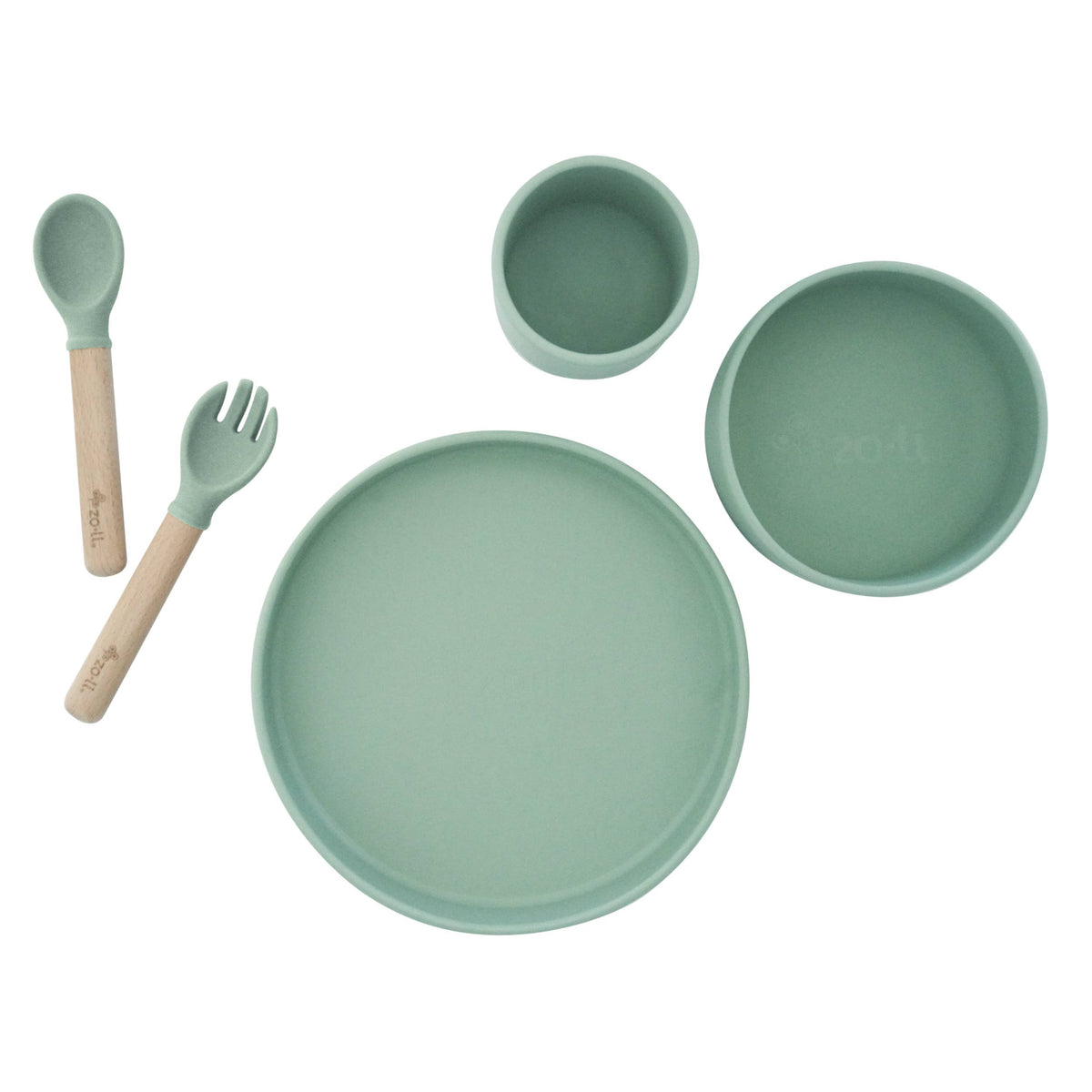 ZoLi - Silicone toddler feeding set - NOSH, GULP, CHOMP sage green