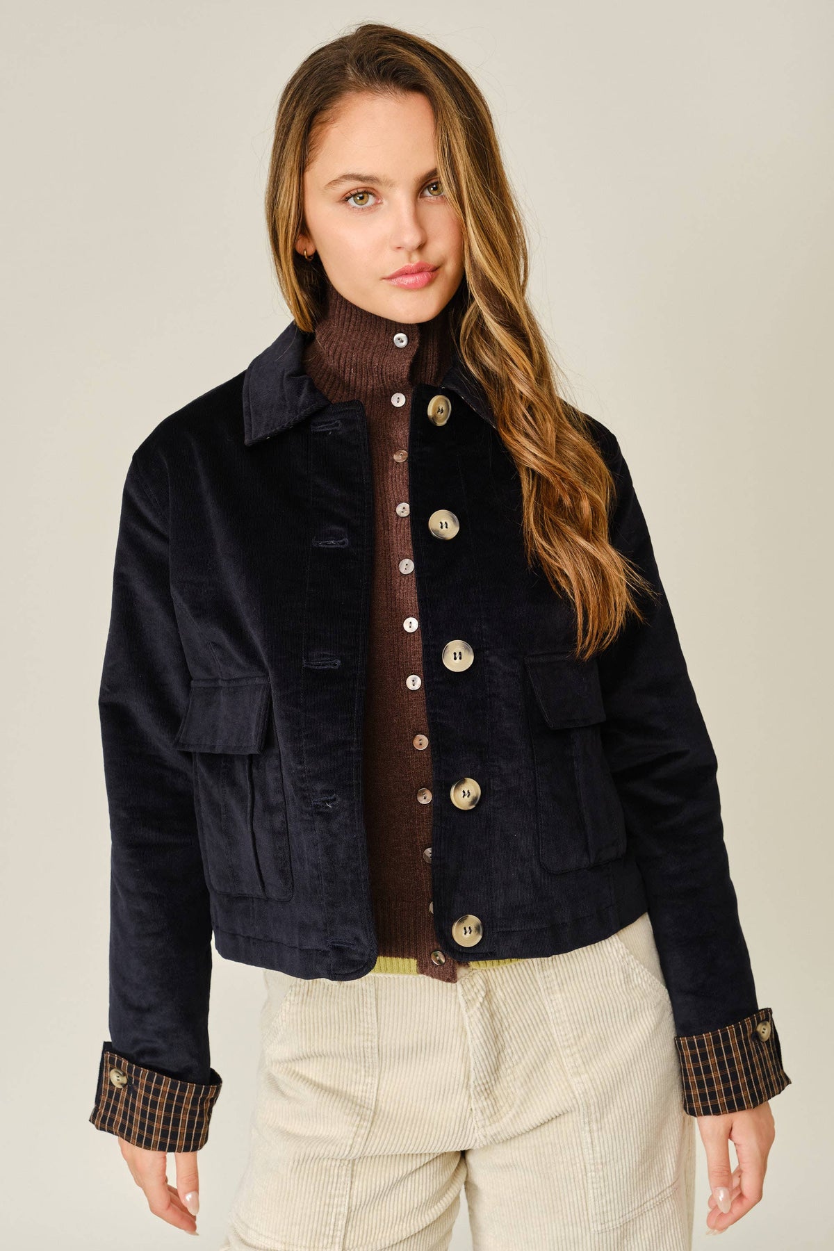 Aaron & Amber Oxford Corduroy Button Plaid Jacket - Midnight