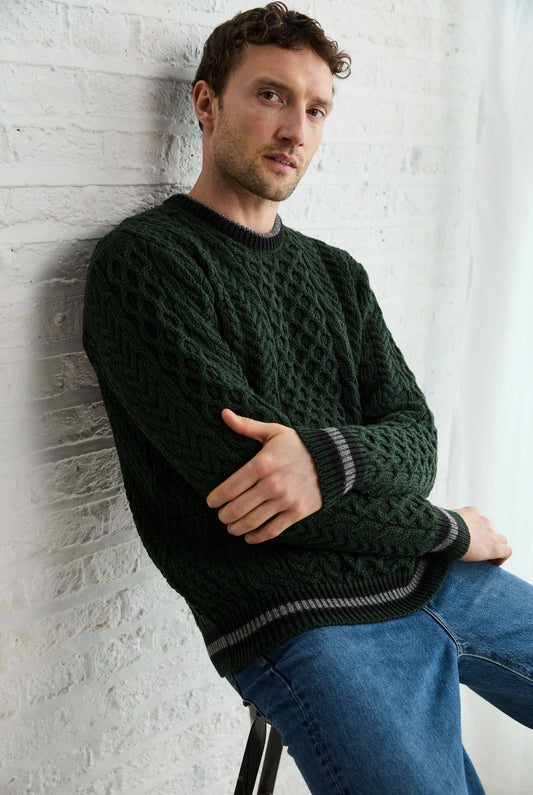 Aran Woollen Mills - Inishbeg Mens Stripe Crewneck Aran Sweater - Green