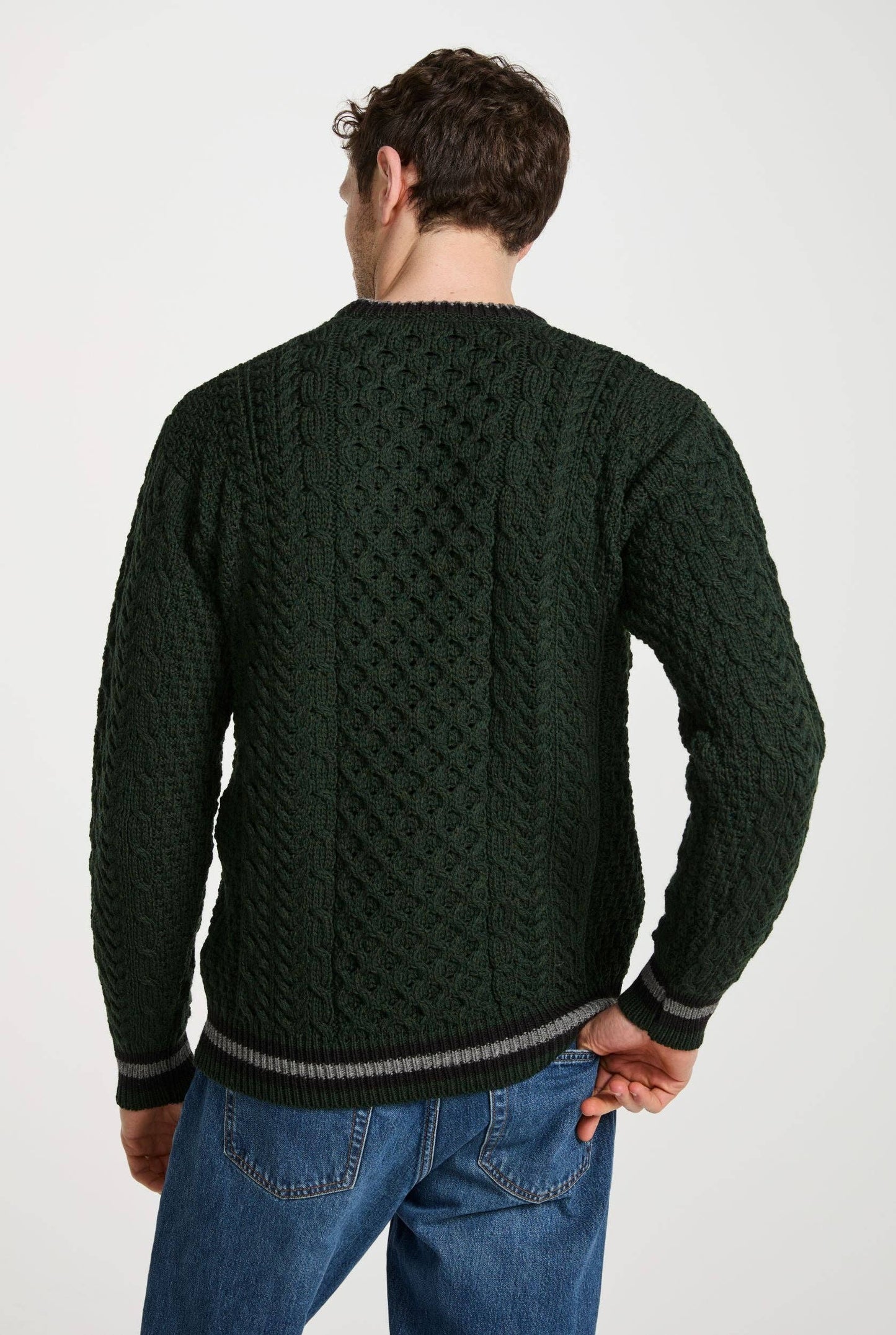 Aran Woollen Mills - Inishbeg Mens Stripe Crewneck Aran Sweater - Green