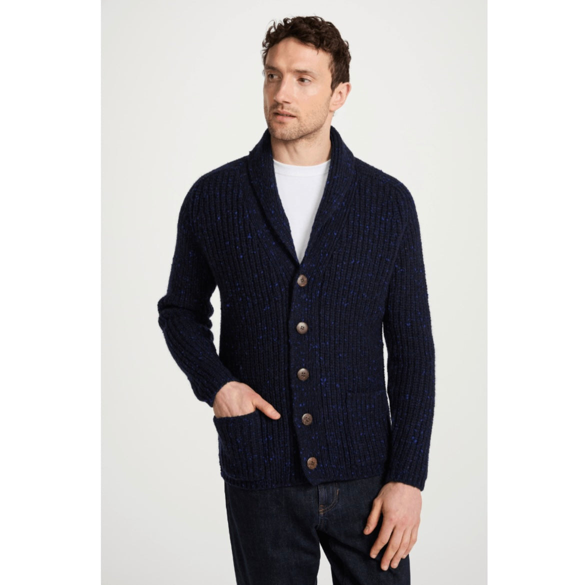 Aran Woollen Mills - Curragh Mens Rib Shawl Cardigan - Navy