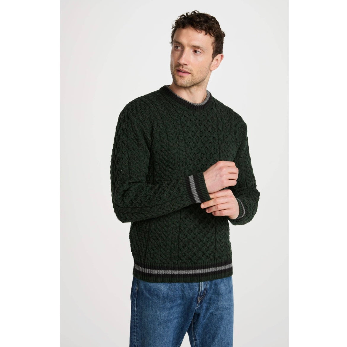 Aran Woollen Mills - Inishbeg Mens Stripe Crewneck Aran Sweater - Green