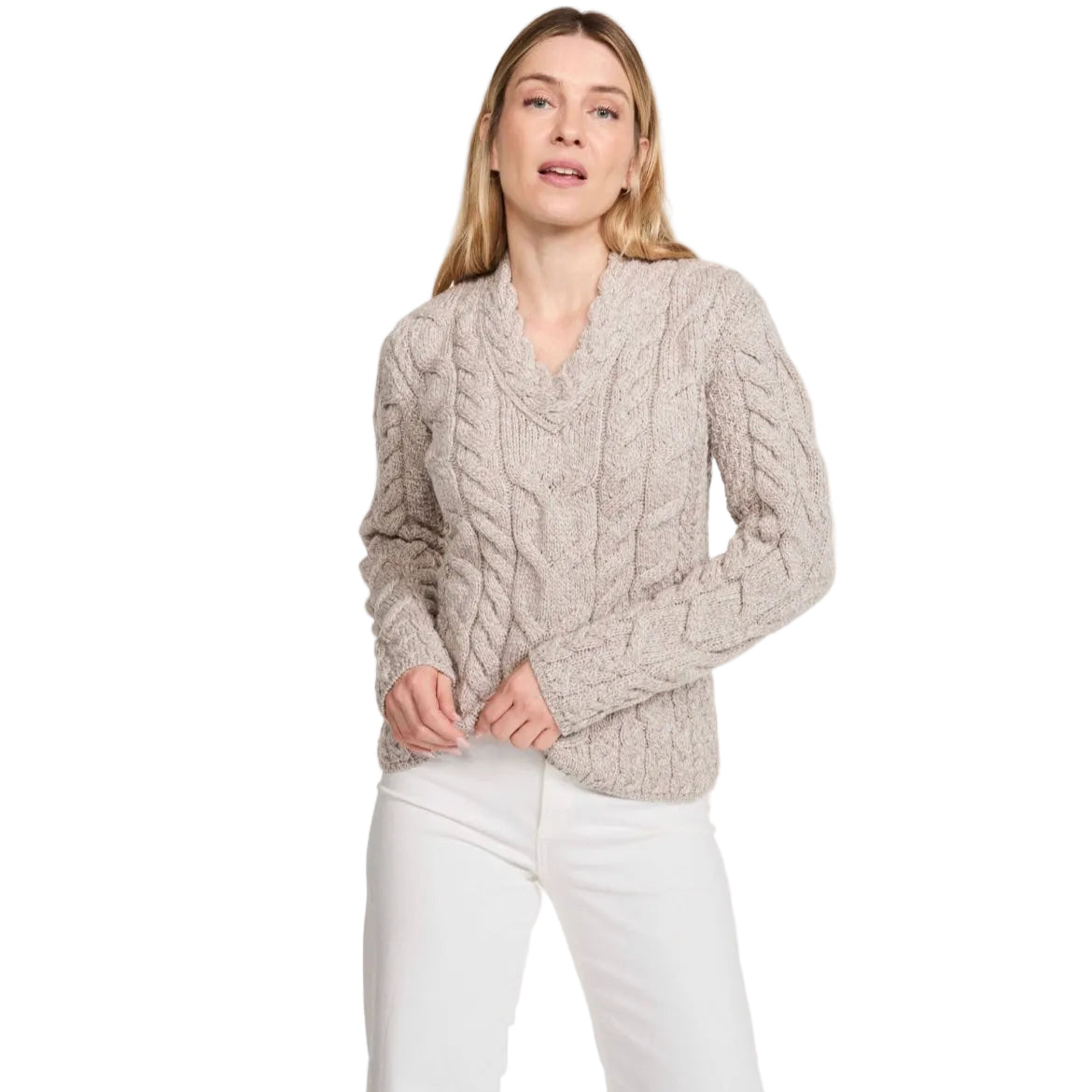 Aran Woollen Mills - Tralee Ladies V-Neck Supersoft Merino Sweater - Oat