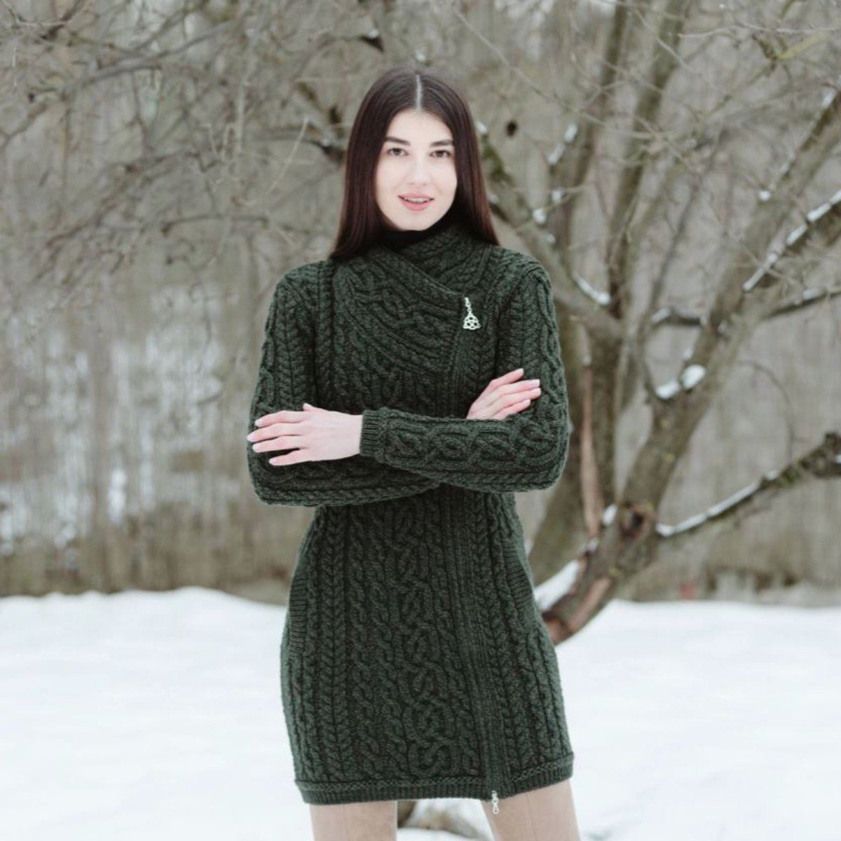 Side-Zip-Aran-Knit-Coatigan-Army Green