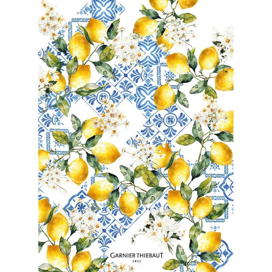 Garnier Thiebaut Citrons Azulejos Bleu Kitchen Towel, Cotton-Linen Blend