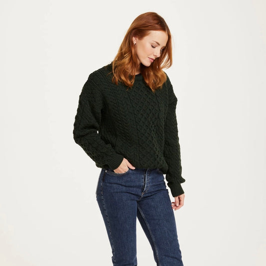 Inisheer Ladies Traditional Merino Aran Sweater - Forest Green