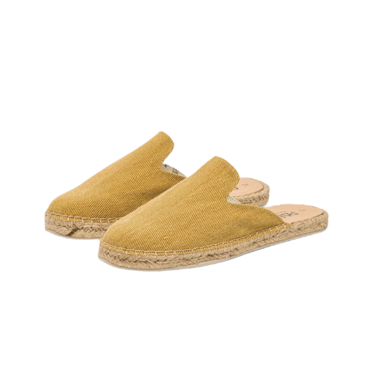 Pair of mustard yellow espadrille slippers on a light gray background