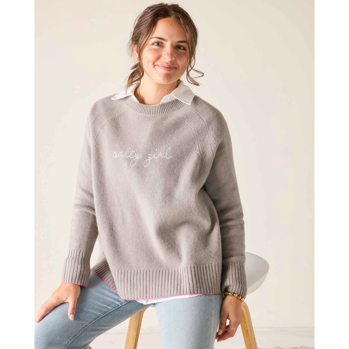 Mersea Banff Crewneck "Salty Girl" -  Stone/Azalea