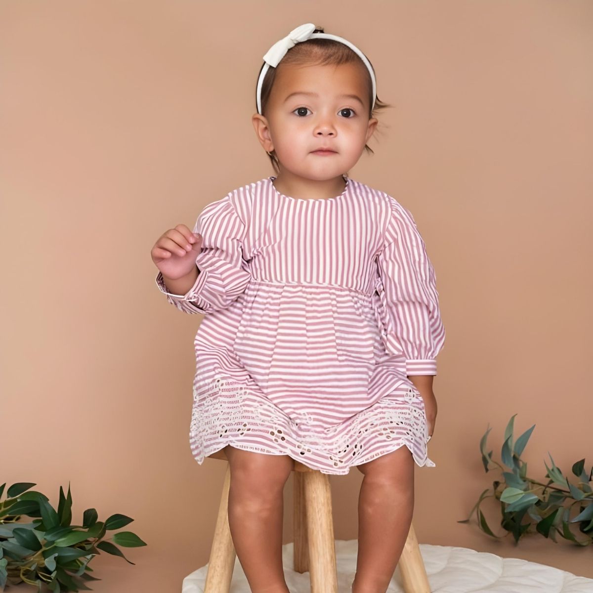 Viverano Organic Vivienne Striped Embroidered Baby Dress & Bloomer