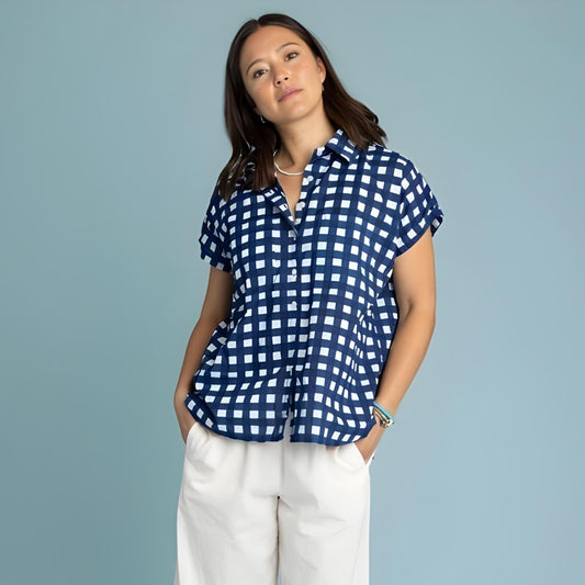 and for Good Boyfriend Short Sleeved Shirt- Gingham Blue
