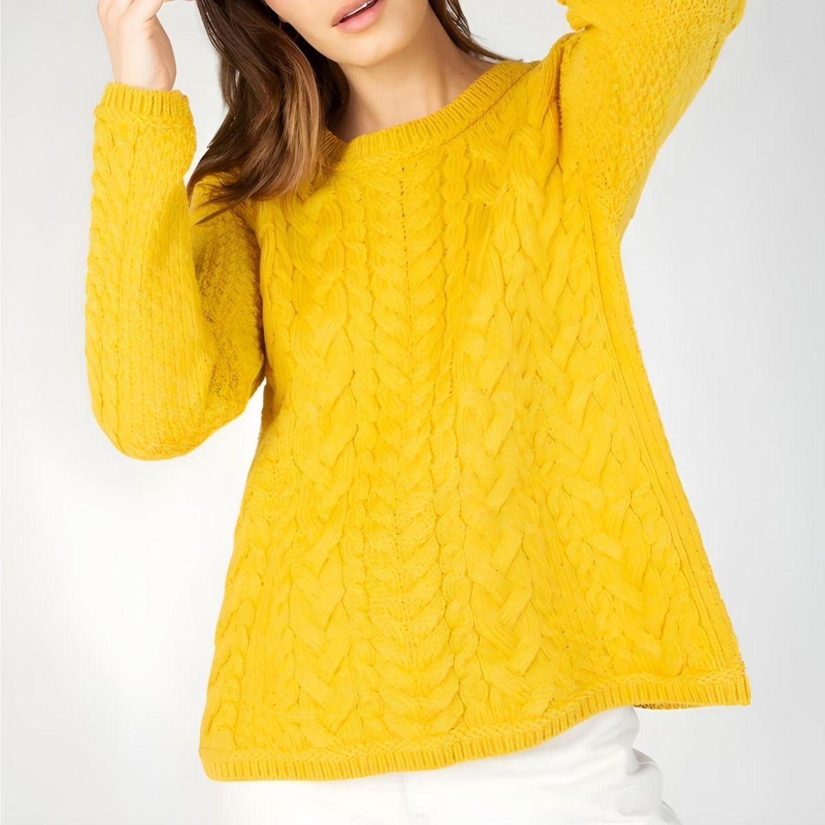 IrelandsEye Primrose A-Line Cable Round Neck Sweater - Sunflower