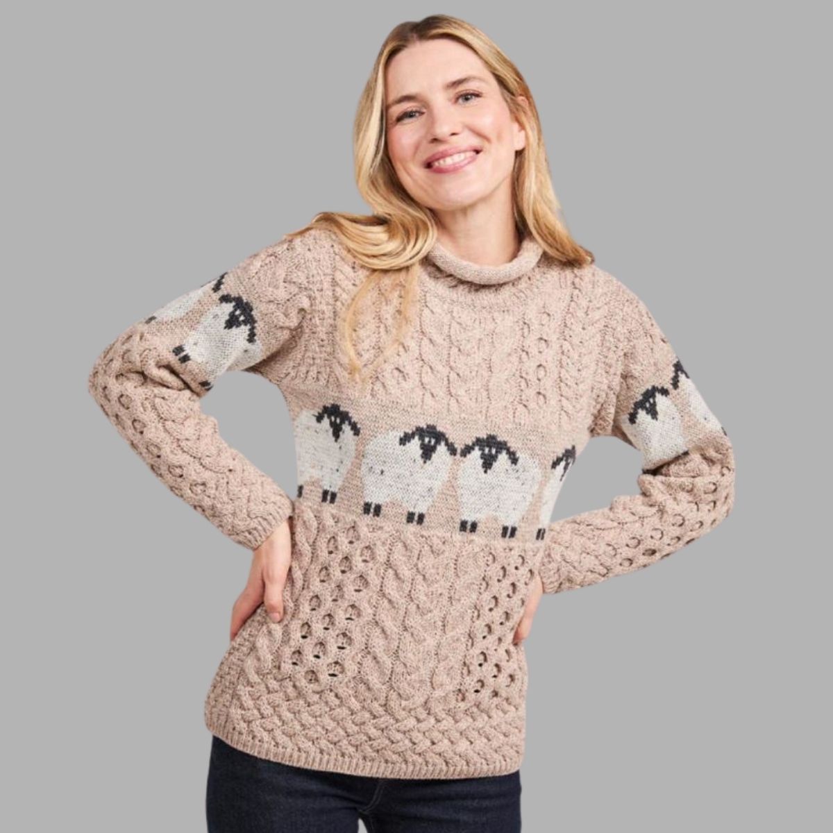 Aran Merino Wool Sheep Sweater - Oatmeal