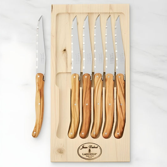Jean Dubost 6 Steak Knives with Rustic Range Olive Wood Handles