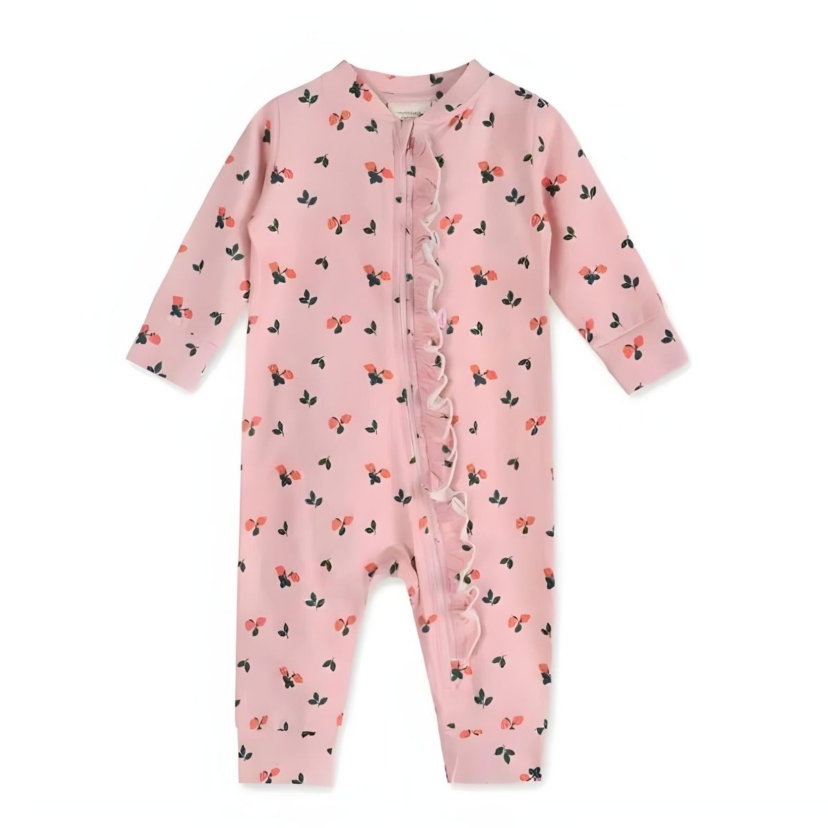 Viverano Organic Strawberry Baby Ruffle Zipper Jumpsuit - Pink