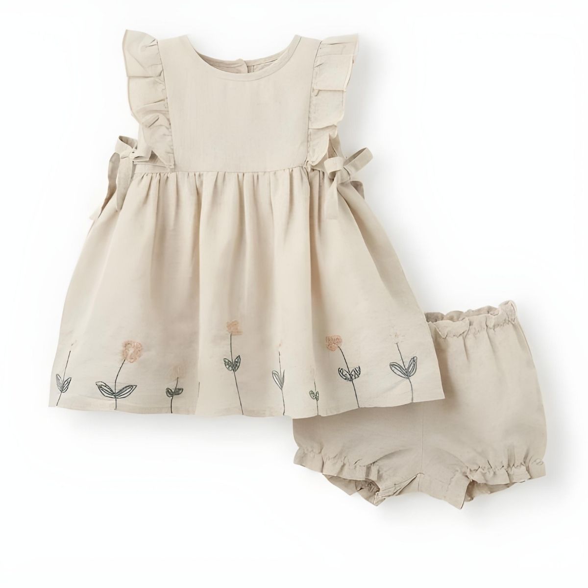 Elegant Baby Natural Linen Floral Embroidered Dress & Bloomer