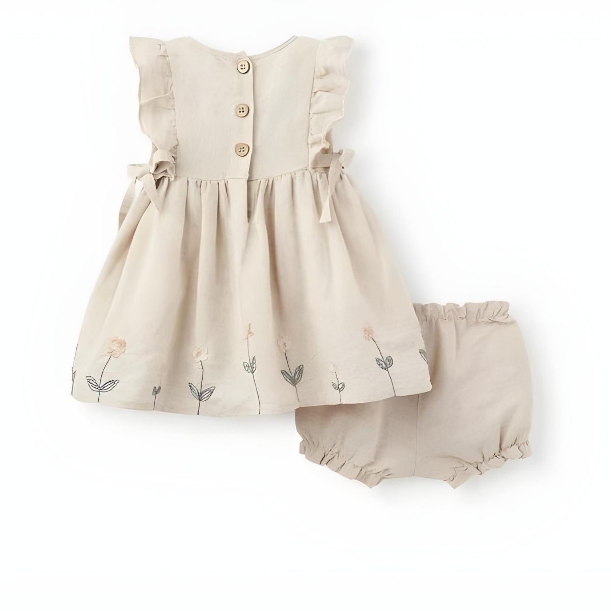 Elegant Baby Natural Linen Floral Embroidered Dress & Bloomer