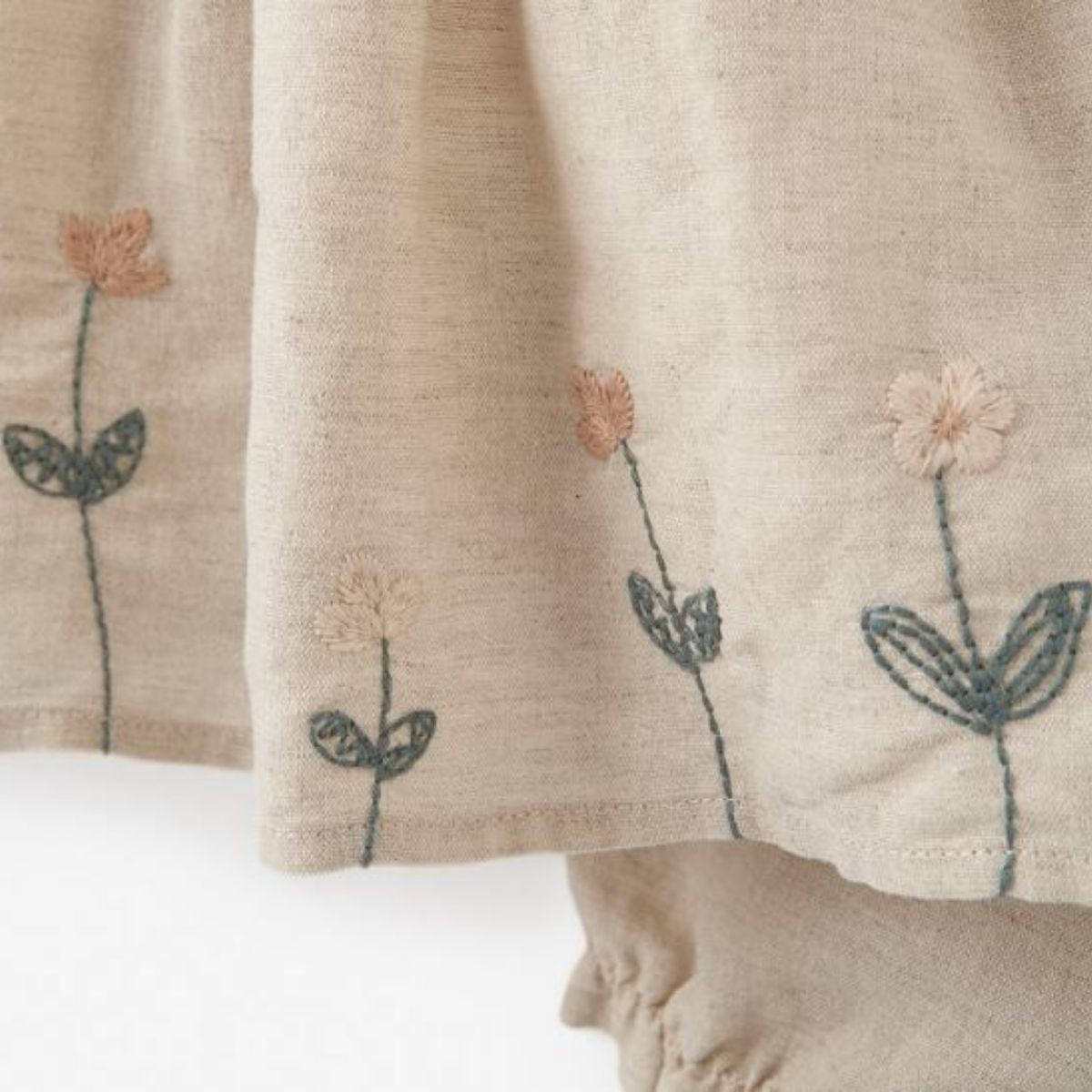 Elegant Baby Natural Linen Floral Embroidered Dress & Bloomer