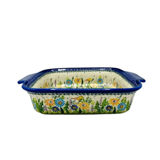 Polish Pottery Birds & Yellow Floral Square Baker
